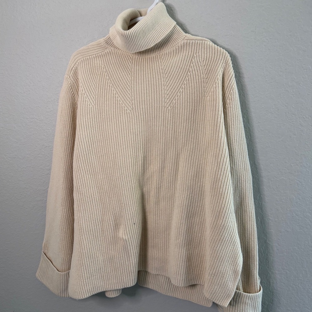 Aligne Misty Ivory Organic Cotton Ribbed Turtleneck Sweater L Warm Heavy Cozy